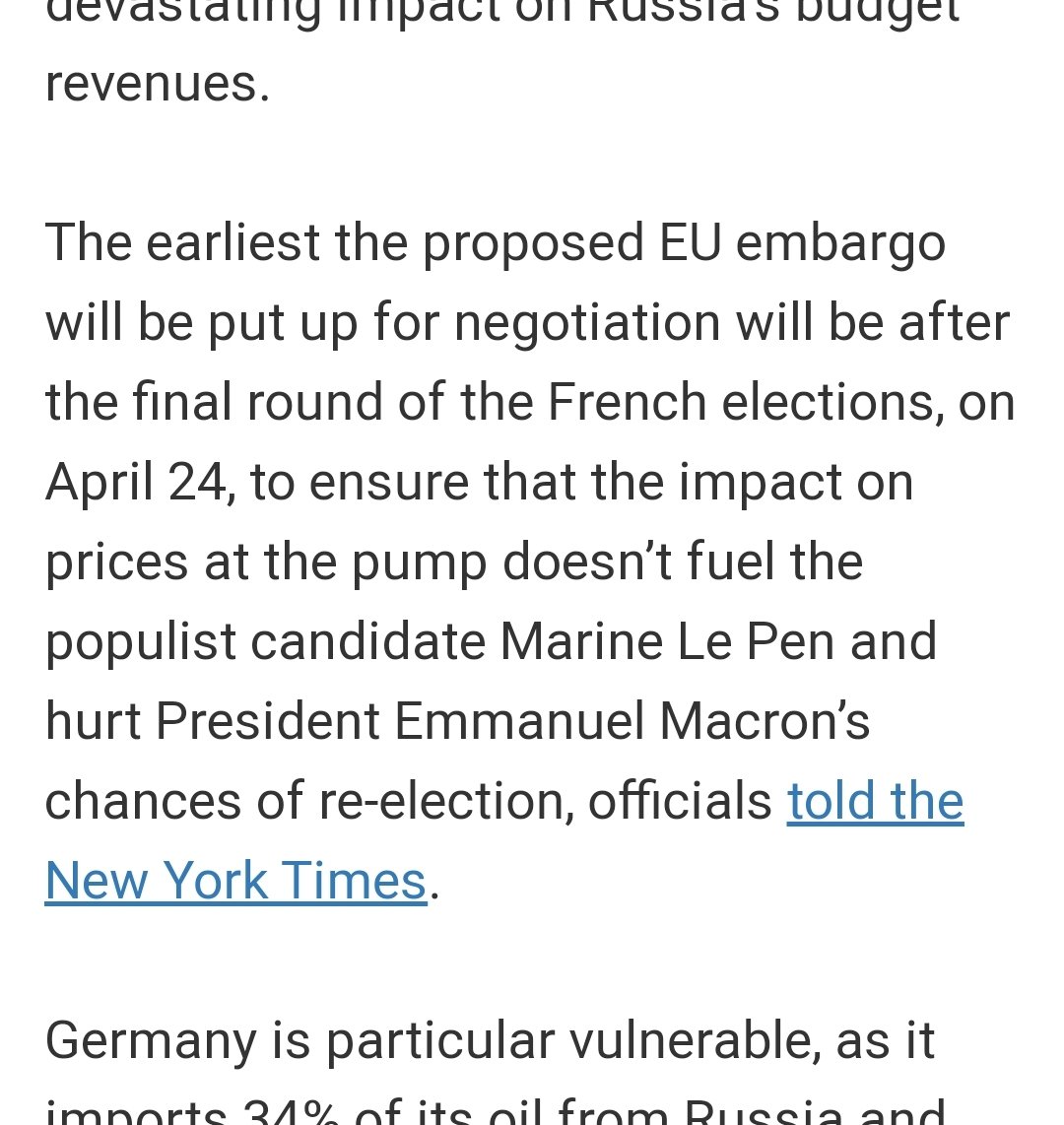 RIGGED! EU openly admits they are putting the next round of sanctions on Russia on hold until the French elections are over “to ensure that the impact on prices at the pump doesn’t fuel the populist candidate Marine Le Pen and hurt President Emmanuel Macron’s chances of re-election”. – The Donald