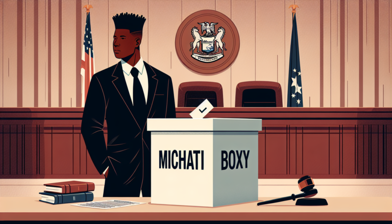 Create an image of Cornel West standing confidently in front of a large, official-looking ballot box labeled Michigan. The background should show a courtroom setting with a judge's gavel and legal doc