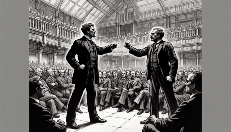 Create an image illustrating a political debate or confrontation between two politicians named Walz and Vance. Walz should be depicted in a powerful and assertive stance, possibly overshadowing or und