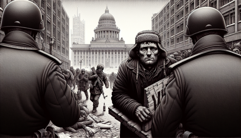 A detailed illustration capturing a disheartened Soviet dissident in a bleak urban setting during the 1970s, with stark Soviet architecture in the background. The dissident holds a tattered protest si