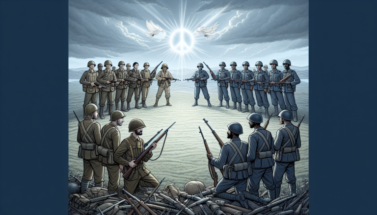 Create an image showing a war-torn landscape with two groups of soldiers from opposing sides laying down their weapons and looking warily at each other from across a battlefield. In the center, a larg