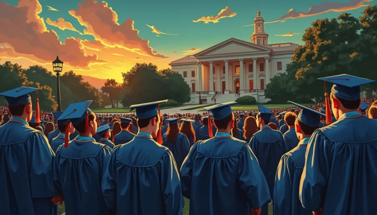 An illustration of a stern-looking GOP politician standing in front of a large public university campus, addressing a gathering crowd. The politician holds a stack of documents labeled 'Reforms' and '