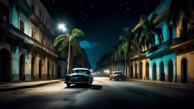 Create an image depicting a nighttime scene of urban Cuba shrouded in darkness due to a widespread power outage. Capture the essence of a moonlit Havana street, where the architecture and vintage Amer