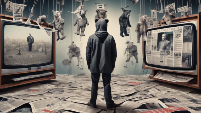 A surreal artistic illustration of a person standing in front of a distorted media landscape. The individual is half-human and half-marionette, with strings connected to a large, menacing bear symboli