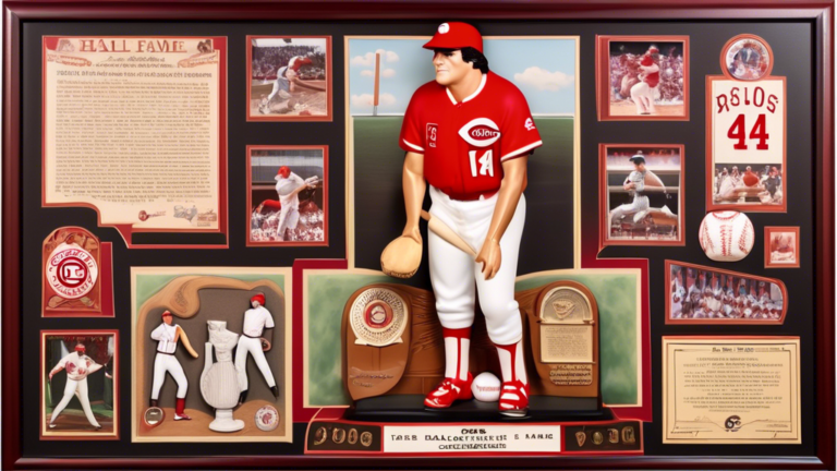 Create an image of a baseball hall of fame setting featuring a grand, elegant portrait of Pete Rose, surrounded by baseball memorabilia such as bats, baseballs, and jerseys. The portrait exudes a sens