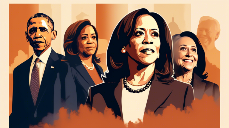 Create an artistic illustration depicting Kamala Harris standing confidently with a backdrop of larger-than-life silhouettes of Barack Obama and Hillary Clinton. Portray Obama with a thoughtful expres