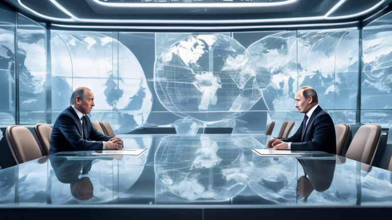 Create an image depicting a futuristic meeting room where German Chancellor Olaf Scholz and Russian President Vladimir Putin are seen having a diplomatic discussion. Include high-tech, transparent scr