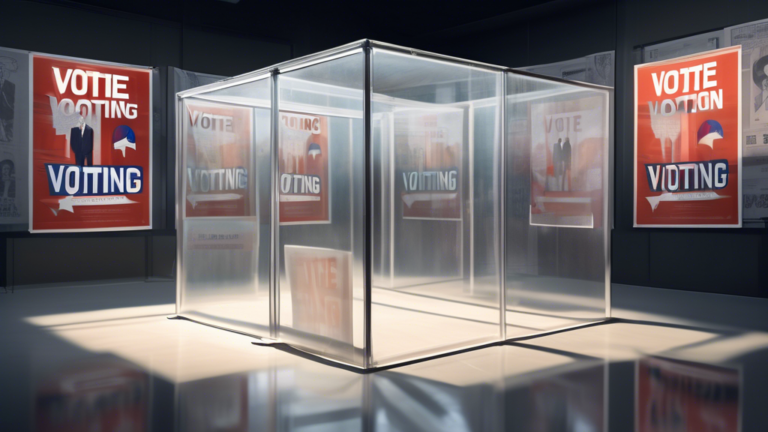 Create an image depicting a visual representation of the concept of transparent voting, contrasting it with symbolism representing political barriers. Illustrate a voting booth with clear walls, symbo