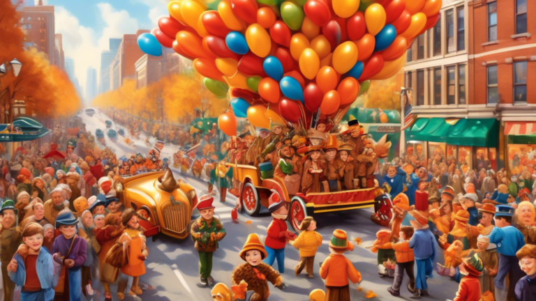 Create an image depicting a vibrant scene capturing The Greatest American Tradition with a lively Thanksgiving Day parade, showcasing large, colorful balloons of iconic cartoon characters, marching ba