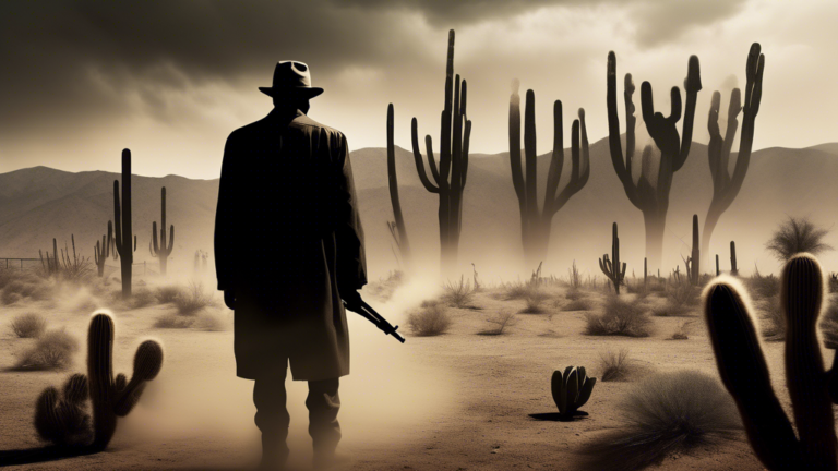 Create an image depicting a dramatic and tense scene at the southern border, illustrating a shadowy, ambiguous figure representing the concept of extremism. The setting should be a desert landscape wi