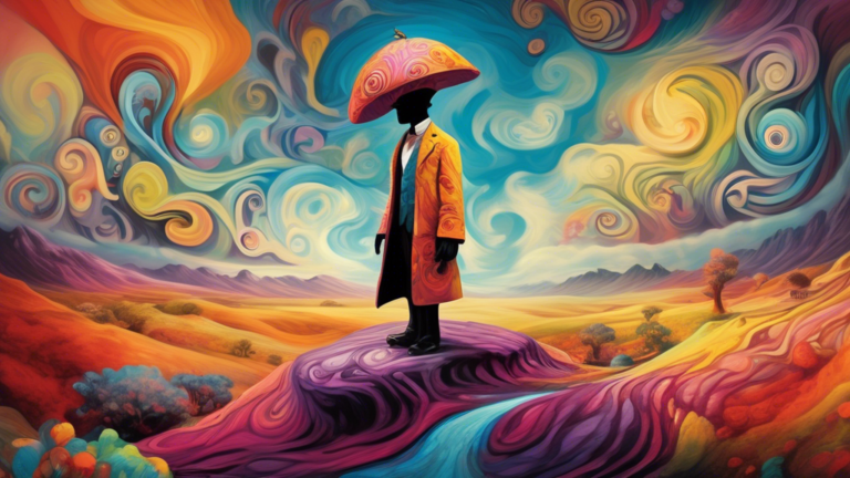 Create an imaginative and surreal image depicting a whimsical character named Vance undergoing a dramatic mood transformation. The scene is set in a vibrant, dreamlike landscape with a sky that shifts