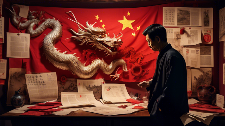 Create an image depicting a political figure in a dimly lit room filled with symbols of China, such as the flag and dragon motifs. The background is cluttered with documents and red threads linking va