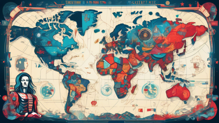 Create a detailed and thought-provoking digital illustration depicting a futuristic world map, with the United States at the center. The map should be filled with vibrant colors and intricate designs