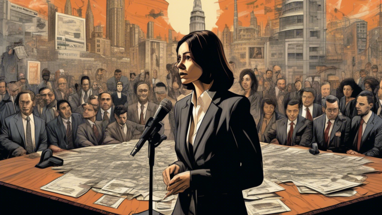 Create a dramatic and tense illustration of a hypothetical scene where a determined and resolute Claudia Sheinbaum, dressed in a professional suit, stands at a podium in a bustling press conference. S