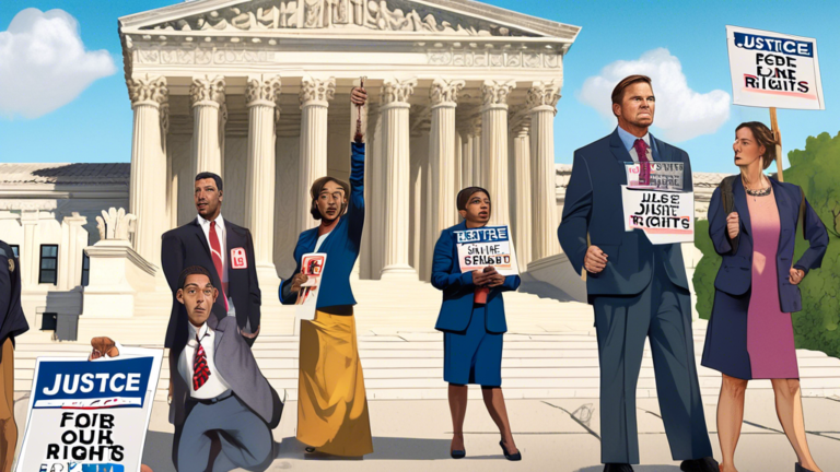 An artistic representation of a bipartisan coalition of legislators standing together outside the Supreme Court building, holding signs that say 'Justice for Families' and 'Protect Our Rights'. In the