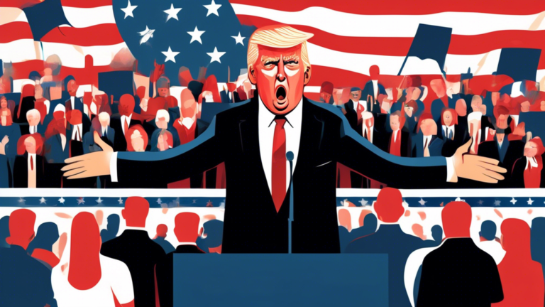 Create a dramatic political scene depicting former President Trump passionately addressing a crowd of concerned American citizens, with a backdrop of a large American flag. Include visual elements sym