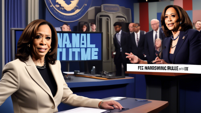 Create an image depicting a split-screen scene featuring a television studio with an 'SNL' set on one side and a newsroom with the FCC logo on the other. The 'SNL' side should include Kamala Harris pe