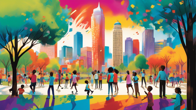 An artistic representation of a diverse group of people in an American city park, engaging in discussions and activities symbolizing hope and unity for a brighter future. The scene showcases vibrant c