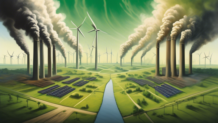 Create an image depicting a metaphorical representation of America's energy power struggles. The scene shows a vast landscape divided into two contrasting halves. On one side, towering coal plants and