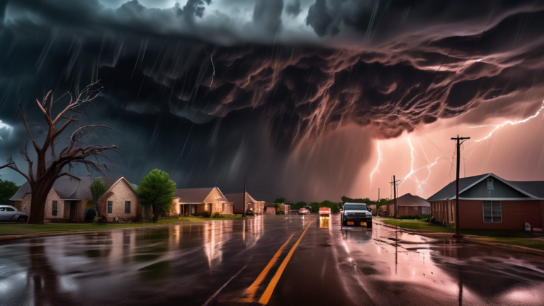 Create an intense and dramatic scene depicting destructive thunderstorms over Oklahoma. Show dark storm clouds, vivid lightning strikes illuminating the sky, and heavy rain pouring down. In the foregr