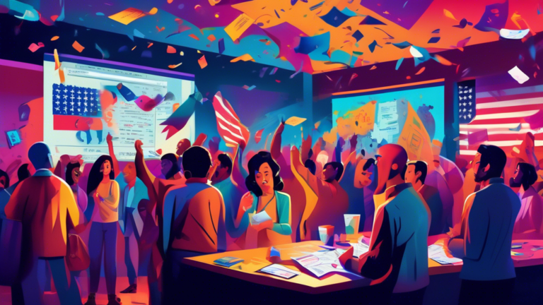 Create an image depicting a bustling election night scene with a split view: one side showing a lively crowd celebrating and watching election results on large screens in a vibrant, colorful atmospher