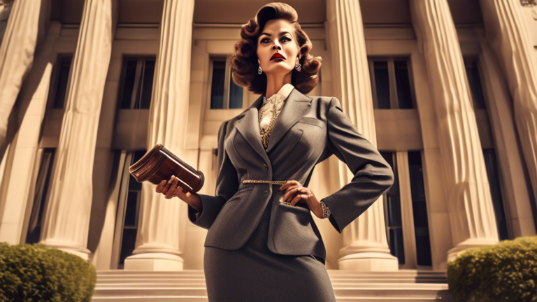 Create an image of a glamorous Hollywood icon, stylishly dressed in vintage attire, standing confidently in front of a large, ornate law office building. The icon is holding a gavel in one hand while