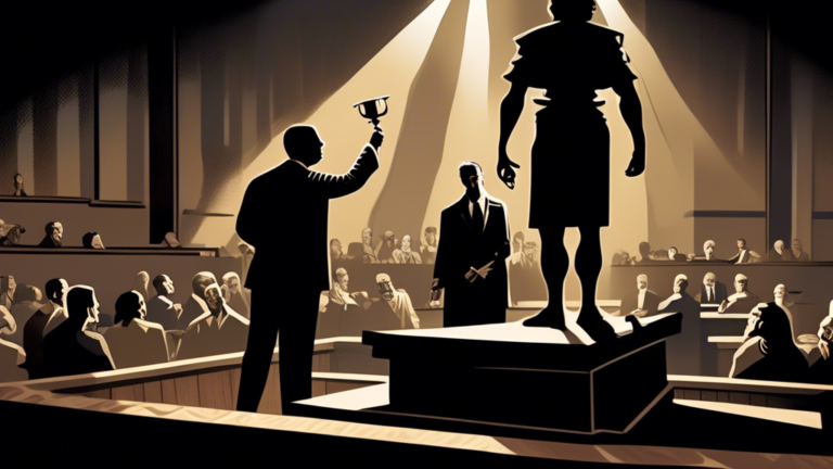 Create a powerful and thought-provoking illustration depicting a courtroom scene where justice is being symbolically sought. In the foreground, portray a spotlight shining down on a silhouette of come