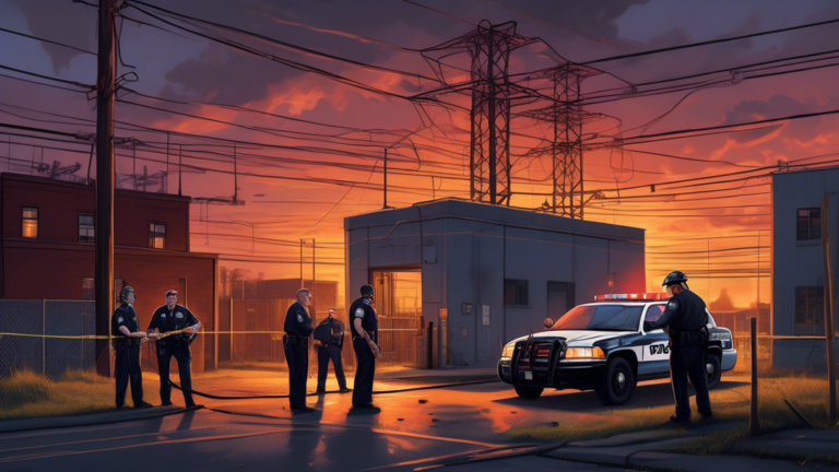 An intense scene depicting a power substation in Nashville at dusk, with police lights flashing as federal agents apprehend a man in handcuffs. The substation is surrounded by caution tape, with a dra