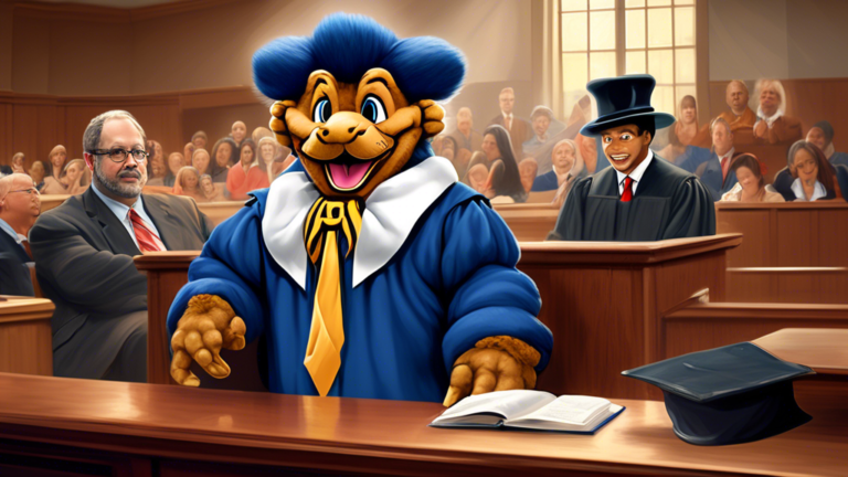 Create an imaginative courtroom scene featuring a charismatic, cartoonish live mascot representing Drake University. The mascot, a vibrant, anthropomorphic drake, is humorously sitting in a witness st