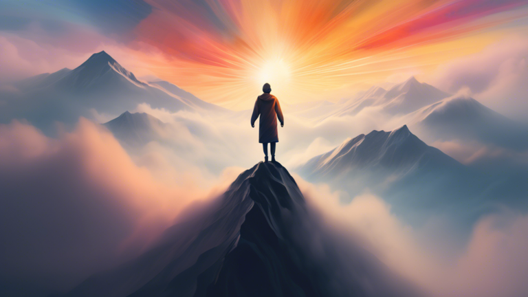 Create an image of a person standing confidently on a mountain peak, surrounded by swirling mist representing deception. The person is in a dynamic pose, shaking off the mist with a determined express