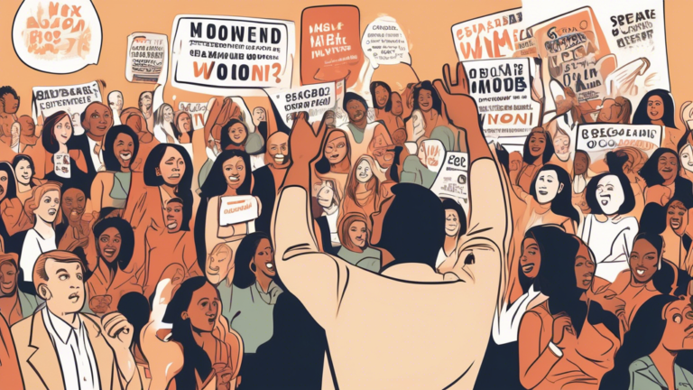 Create an illustration depicting a political rally featuring a charismatic male speaker with a large crowd of diverse women in attendance. The speaker is gesturing enthusiastically, but his speech bub