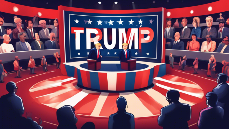 Create an image of a political debate stage featuring Vivek Ramaswamy passionately discussing his support for Donald Trump. The background should include a large banner with the words 'Support for Tru