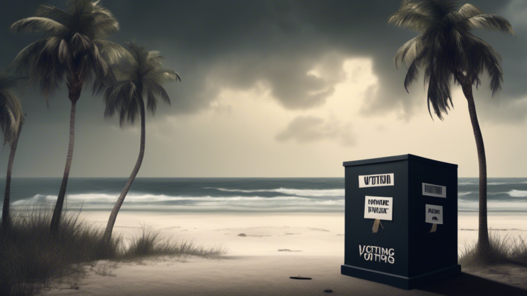 Create an image depicting a visual metaphor for deception and danger related to voting rights. Show a calm, serene Florida landscape in the foreground with palm trees and a coastline, but hidden withi